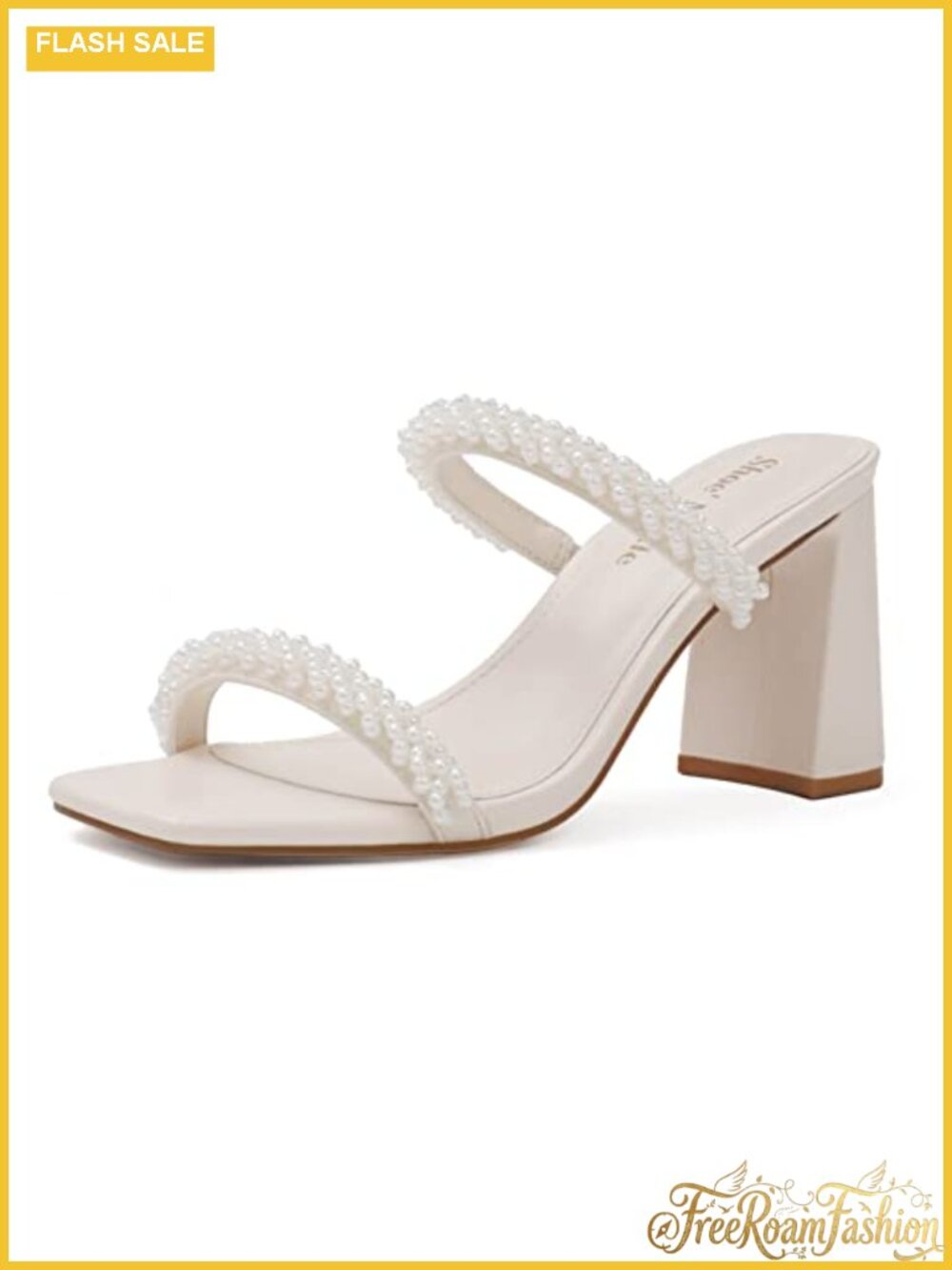 Pearl Strappy Heeled Sandals Square Open Toe Chunky Block Heel Slip On Mules